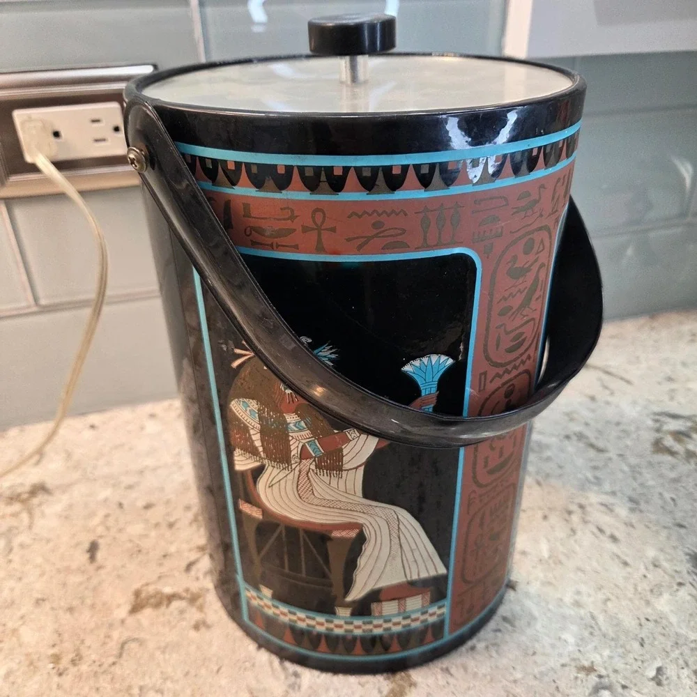 Vintage Georges Briard Egyptian Revival Ice Bucket Blk Hieroglyphics MCM Barware